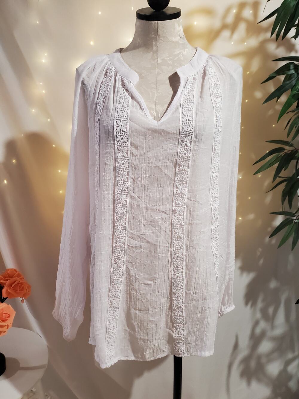 Per Se Crochet Lace Gauzy Tunic Peasant Top Womens Size 1X White Hippie Boho